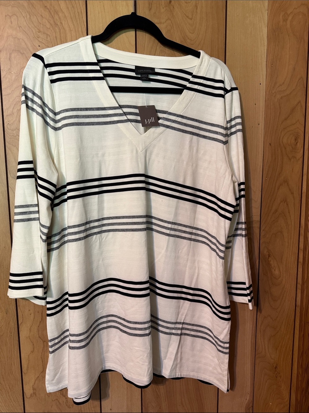 J. Jill Cream V-Neck Tunic with Black and Gray Stripes